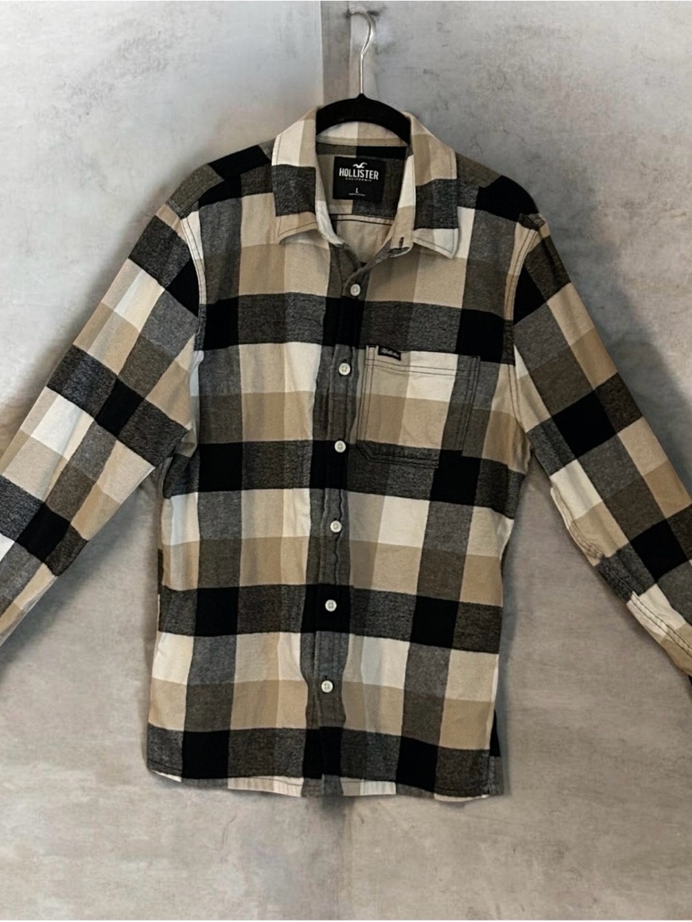 Hollister Mens L Flannel Shirt Tan Black Cream Plaid Button Up Y2K Grunge Unisex